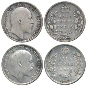 Edward VII, Silver ½ Rupee (2), 1905, Calcutta Mint and 1907, Bombay Mint. About Very Fine