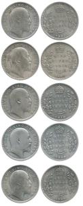 Edward VII, Silver ½ Rupee (5), 1906, 1907, 1908, 1909 and 1910, Calcutta Mint, no mint ma