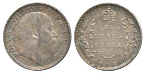 Edward VII, Silver ½ Rupee, 1907, Bombay Mint, 'B' incused+ dot. About Uncirculated, Rare.