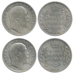 Edward VII, Silver ½ Rupee (2), 1907, Calcutta Mint, no mint mark and 1907, Bombay Mint, '