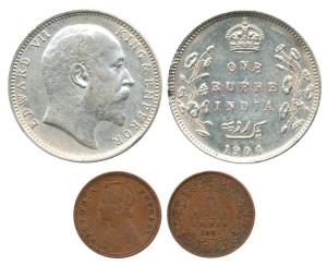 Edward VII and Victoria Empress, Silver Rupee and Copper ½ Anna, 1901, Calcutta Mint; 1904