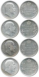 Edward VII, Silver Rupee (4), 1904, 1905, 1906 and 1907, Calcutta Mint, without mint mark.