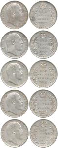 Edward VII, Silver Rupee (5), 1906, 1907, 1908, 1909 and 1910, Bombay Mint except 1908, Ca