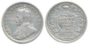 George V, Silver 2 Annas, 1911, Calcutta Mint, Pig type. Rare, Fine+.