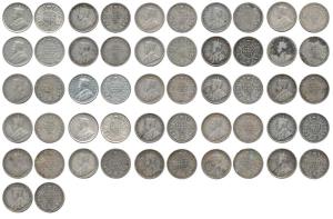 Geoge V, Silver 2 Annas (26), 1912 (6), 1913 (4), 1914 (2), 1916 (4), 1917 (10). Good Fine