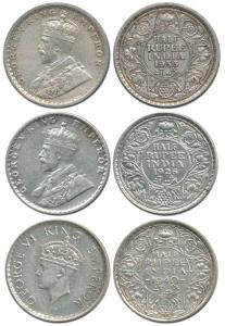 George V and VI, Silver ½ Rupee (3), 1926, Bombay Mint, 1933, Calcutta Mint and 1940, Bomb