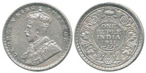 George V, Silver Rupee, 1911, Calcutta Mint, without dot. Very Fine, Scarce.