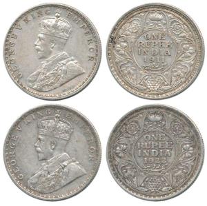 George V, Silver Rupee (2), 1911 and 1922, Bombay Mint, with dot. Very Fine, Scarce. (2)