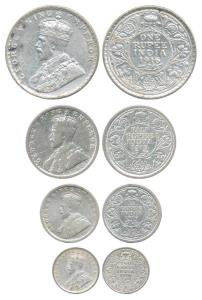 George V, set of 4, Silver Rupee, 1/2, ¼ and 1/8, 1916. Fine+ to Very Fine+. (4)