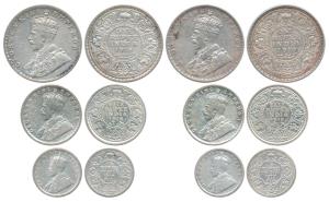 George V, set of 3 (2), Silver Rupee, 1/2, and 1/4, 1918 and 1919. Fine to Very Fine+. (6)