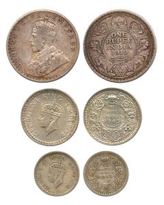 George V, Silver Rupee, 1919; George VI, Half Silver ½ Rupee, Lahore Mint and ¼ Rupee, 194