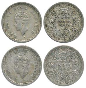 George VI, Half Silver ¼ Rupee (2), 1945, Bombay Mint, large '5'. About Very Fine to Very 