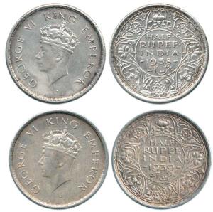 George VI, Silver ½ Rupee (2), 1938 and 1939, Bombay Mint, with dot and head type I. Very 