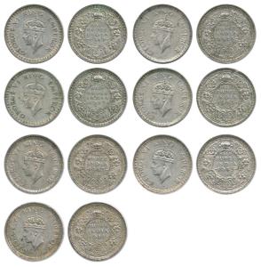 George VI, Half, Silver ½ Rupee (7), 1942, Bombay Mint (2), 1943, Lahore Mint, 1944, Lahor