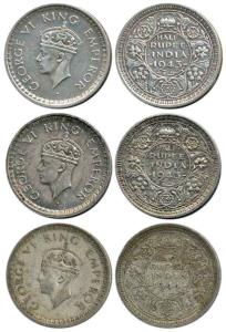 George VI, Half Silver ½ Rupee (3), 1943 (2) and 1944, Lahore Mint, 'L' raised. About Very