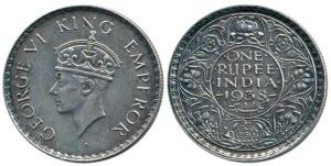 George VI, Silver Rupee, 1938, Bombay Mint, without dot. Extremely Fine, nice toned, Rare.