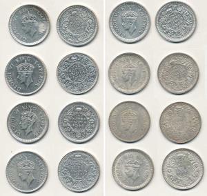 George IV, Half Silver Rupee (8), 1940, 1941 (2), 1942, 1944 (2), 1945, Bombay Mint, and 1