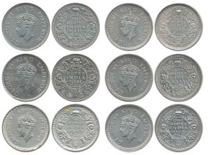 George VI, Half Silver Rupee(6), 1941 (2), 1942, 1943, 1944, and 1945, Bombay Mint, with d