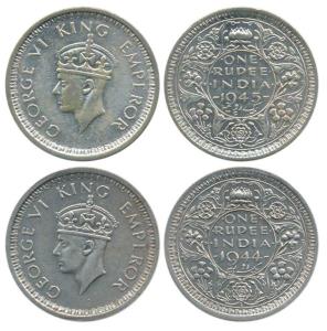 George VI Half Silver Rupee (2), 1944 and 1945, Lahore Mint, 'L' raised. Very Fine to Very