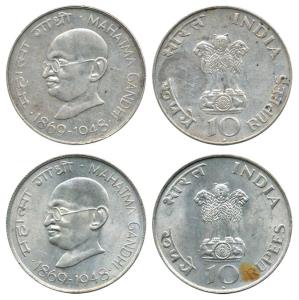 Silver Rupees 10, 1969, Gandhiji Birth Centennial. Extremely Fine. (2)