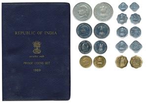 1969 Proof Set, Gandhiji Birth Centennial, set of 9, Paisa to Rupees 10, Bombay Mint. In i