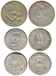 Silver Rupees 10 (3), 1969 Gandhiji Birth Centennial; 1970 Food For All; 1972 25th Anniver