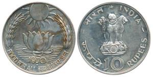Silver Rupees 10, 1970, Bombay Mint, Food for all. Uncirculated.