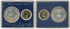 1970 Uncirculated Set, Food For All, set of 2, 20 Paise and Rupees 10. Within original pac