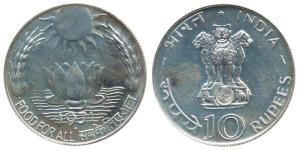 Silver Rupees 10, 1971, Bombay Mint, Food for all. Brilliant Uncirculated.