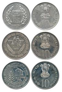 Silver Rupees 10, 1973; Copper Nickel 1974 and 1978. Brilliant Uncirculated. (3)