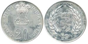 Silver Rupees 20, 1973, Grow More Food (KM 629). Brilliant Uncirculated.