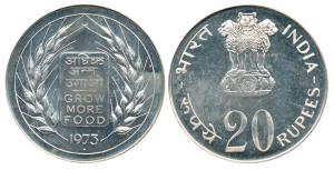 Silver Rupees 20, 1973, Grow More Food (KM 629). Brilliant Uncirculated.