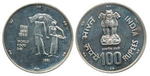 Silver Rupees 100, 1981, World Food Day. Brilliant Uncirculated.