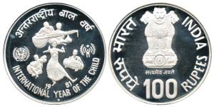 Silver Rupees 100, 1981, International Year of the Child, Bombay Mint. Proof, Rare.