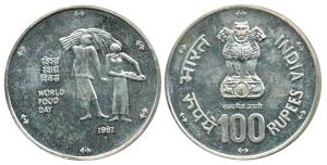 Silver Rupees 100, 1981, World Food Day. Brilliant Uncirculated.
