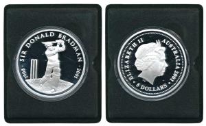 Australia, Sir Donald Bradman (1908-2001), Proof Silver $5, 36.3g, 2001, (KM 761). Proof, 