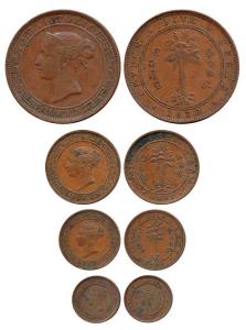 Ceylon, Victoria, set of 4, Copper 5, 1, ½ and ¼ Cent, different dates. Very Fine to About