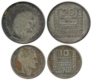 France, Silver 10 and 20 Francs, 1930 and 1933 (KM 878). Very Fine.