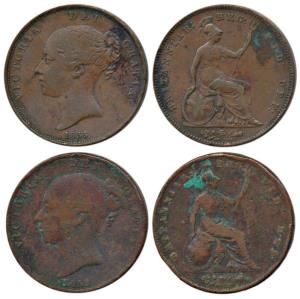 Great Britain, Victoria, Copper Penny (2), 1855 and 1859, (KM 739). Fine to Very Fine. (2)