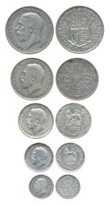 Great Britain, George V, Silver, ½ Crown, Florin, Shilling, 6 Pence and 3 Pence, different