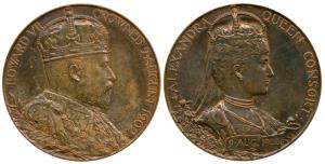 Coronation Medal of Edward VII, Bronze, Bust of the Emperor to right on obv.; bust of Quee