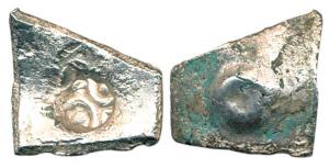 Punch Marked, Narhan Area, Silver Double Karshapana, 6.62g, single symbol with two-crescen