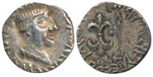 Western Kshatrapas, Nahapana, Silver Drachma, bust of the king to right with corrupt legen