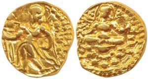 Guptas, Chandragupta II (AD 380-413), Gold Dinar, 7.8g, Archer type, obv. king nimbate hol