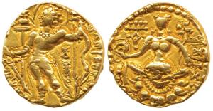 Guptas, Chandragupta II, Gold Dinar, 7.38g, Archer type, king nimbate standing left, holdi