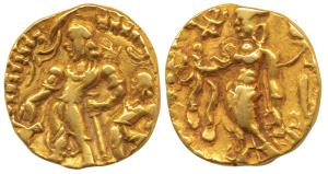Guptas, Chandragupta II, Gold Dinar, 7.76g, Chhatra type, an attendant standing behind hol