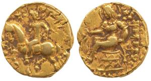Guptas, Chandragupta II, Gold Dinar, 7.88g, Horseman type, king mounted on a horse to left