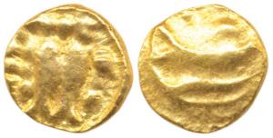 Alupas of Udipi (AD 1000-1136), Gold Fanam, 0.5g, obv. two vertical fish, rev. Sri in Kann