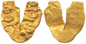 Shilaharas of Karad, (c. 1050-1212 AD), U shaped Gold Fanam, three punches on obv. with bo