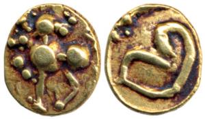 Hoysala Gold Fanam, obv. lion to left, Kanarese letter Sri on rev. Very Fine, Rare.